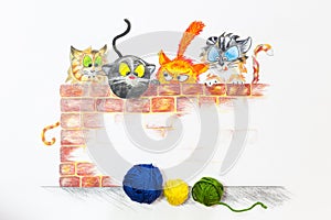 Illustration with group of cute cats and colorful wool balls