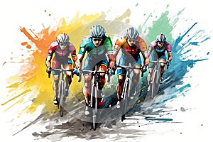 Illustration of a group of cyclists on a road bike racing, Cyclists team riding on bicycles, color drawing. Bike race banner, AI