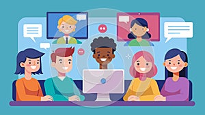 An illustration of a group of diverse cartoon characters sitting in a virtual room typing encouraging messages to each