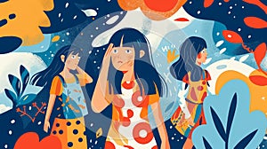 illustration of a group of girls in the rain. Cartoon style. Generative AI