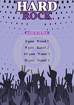 Illustration of group of hands and hard rock, date and venue with timings and band 1,2,3,4 text