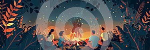 Illustration of a group of happy people are sharing smiles around a campfire, enjoying the leisure of travel. The sky is