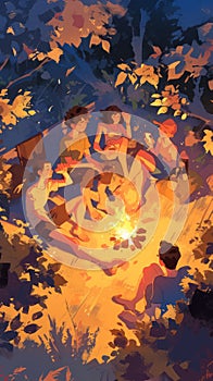 Illustration of a group of happy people are sharing smiles around a campfire, enjoying the leisure of travel. The sky is