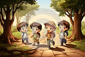 Illustration of Group of Kids Hiking in the Forest with Flowers