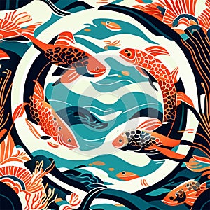 Illustration of a group of koi fish swimming in the sea Generative AI