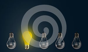 Illustration of group light bulb with one different glowing light bulb outstanding in a row. lightbulbs difference concept idea