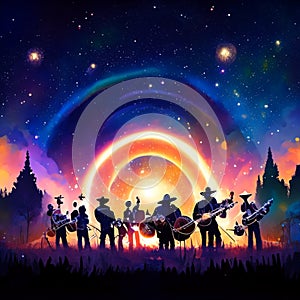 illustration of a group of musicians playing musical instruments on the background of the night sky AI Generated