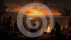 Illustration of a group of Neanderthals.