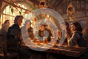 Illustration of a group of people drinking beer in a pub, A group of people drinking beer at the pub's brewery restaurant