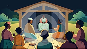 An illustration of a group of people sitting inside a restored slave cabin with their heads bowed in reverence as they