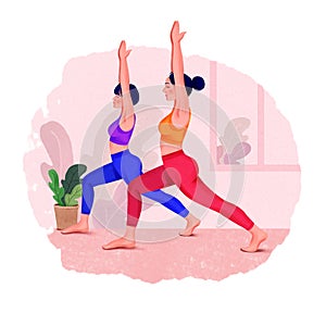 Illustration of Group Of Women Doing Yoga Indoors. Yoga class.