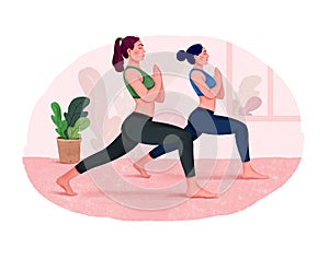 Illustration of Group Of Women Doing Yoga Indoors. Yoga class.