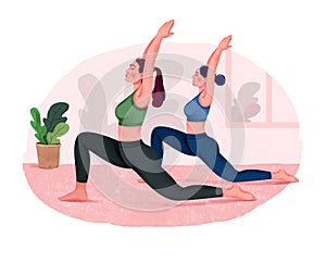 Illustration of Group Of Women Doing Yoga Indoors. Yoga class.