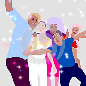 Illustration group of young people from different race partying and making selfie. Portrait of smiling young friends walking outdo