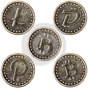 Grunge Metal Crytocurrency Coins Set, LTC, DGB, BTC, DOT, BCH photo