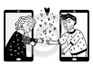 Illustration of a guy and a girl reaching out to each other from phone screens.