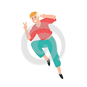 Illustration of a guy running to the viewer. Vector. A young boy rejoices in victory and greets us. Flat style. Image isolated on