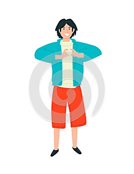 Illustration of a guy showing a heart on his fingers. Vector. A young boy experiences feelings of love for the world around him. F