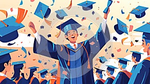 Illustration of a guy university student celebrating his academic success at the graduation ceremony. Education Day