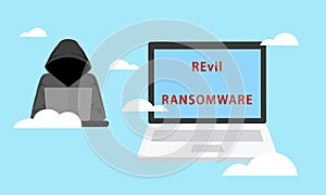 Illustration of hacker attacking computer system with REvil Ransomware. Cybersecurity and information security concept. Cyber