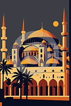 Illustration of Hagia Sophia domes and minarets in the old city of Istanbul