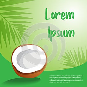 Illustration of half coconut with palm tree leaf