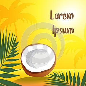 Illustration of half coconut with palm tree leaf