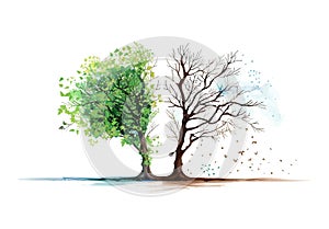 Illustration with half of the tree alive and green and the other half dry. Concept of environment and climate change