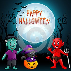 Halloween background. Cute little kids with costume and witch cat