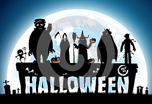 Illustration halloween festival background,full moon on dark night with black cat on the grave