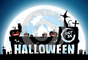 Illustration halloween festival background,full moon on dark night with black cat on the grave