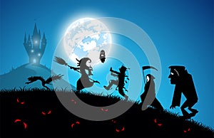 Illustration halloween festival background,full moon on dark night with black cat on the grave