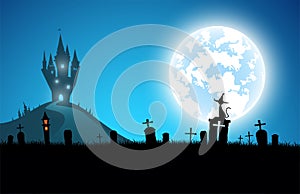 Illustration halloween festival background,full moon on dark night with black cat on the grave