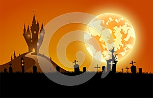 Illustration halloween festival background,full moon on dark night with black cat on the grave