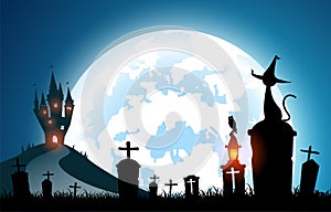 Illustration halloween festival background,full moon on dark night with black cat on the grave