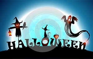 illustration halloween festival background,full moon on dark night with black cat and scarecrow on the grave