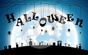 Illustration halloween festival background,full moon on dark night with spider on the grave