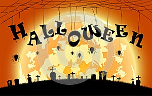 illustration halloween festival background,full moon on dark night with spider on the grave