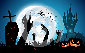 Illustration halloween festival background,full moon on dark night with zombie hand up from the grave