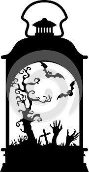 Illustration on Halloween lantern . Lamp silhouette with scary tree, bats and pumpkin, Halloween Scene