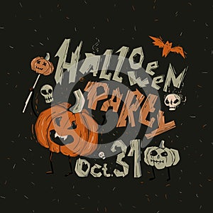 Illustration on a Halloween with a pumpkin holding a scepter with a small pumpkin. It says `Halloween party.`