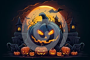 illustration of halloween pumpkins on a dark background with a castle in the background