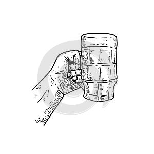 Illustration of a hand with a beer mug. Design element for poster, card, banner, menu.