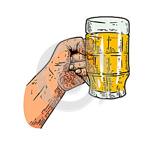 Illustration of a hand with a beer mug. Design element for poster, card, banner, menu.