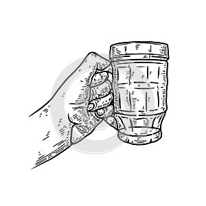 Illustration of a hand with a beer mug. Design element for poster, card, banner, menu.