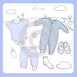 Illustration of Hand drawn Baby clothes Flat lay coordination on white background. Children collage. Top view. Postcard