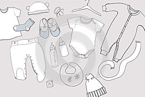 Illustration of Hand drawn Baby clothes Flat lay coordination on white background. Children collage. Top view. Template