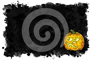 illustration of hand drawn cartoon halloween pumpkin with black banner background