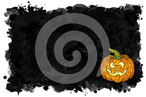 illustration of hand drawn cartoon halloween pumpkin with black banner background