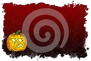 illustration of hand drawn cartoon halloween pumpkin with black and red banner background